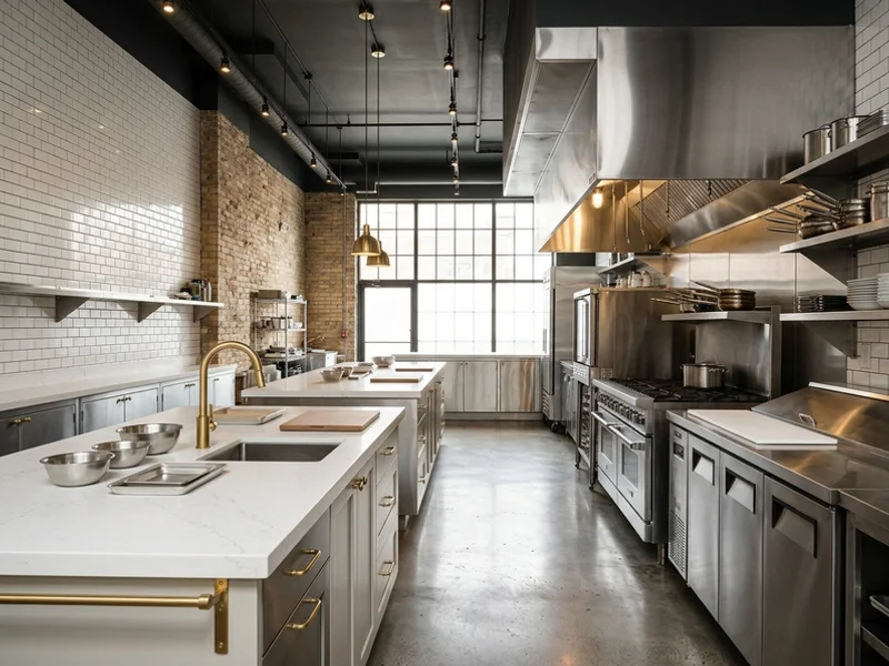 Queen West Toronto restaurant prep station in NSF-certified white Caesarstone quartz