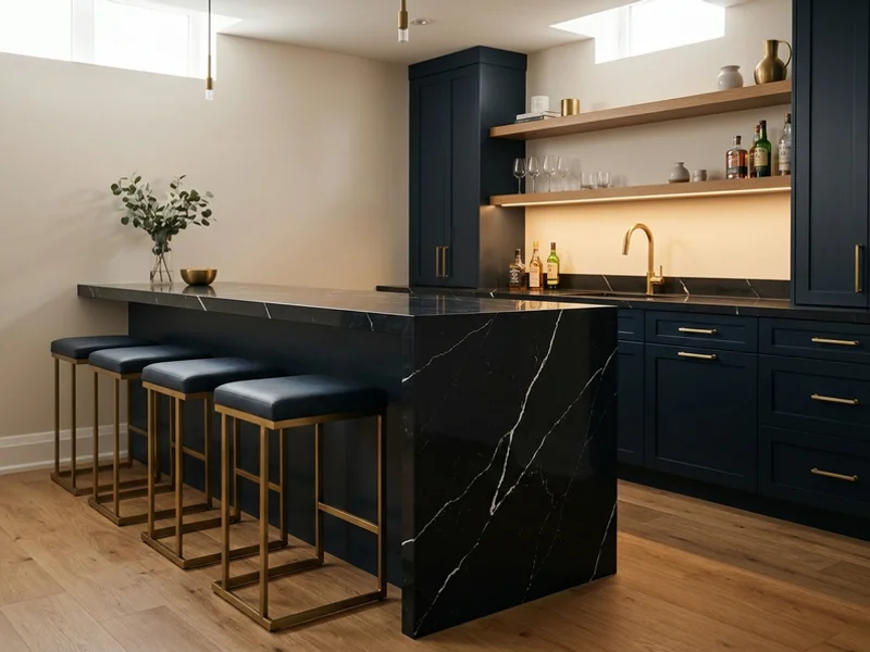 Riverdale Toronto basement bar with a black Hanstone Marquina quartz waterfall