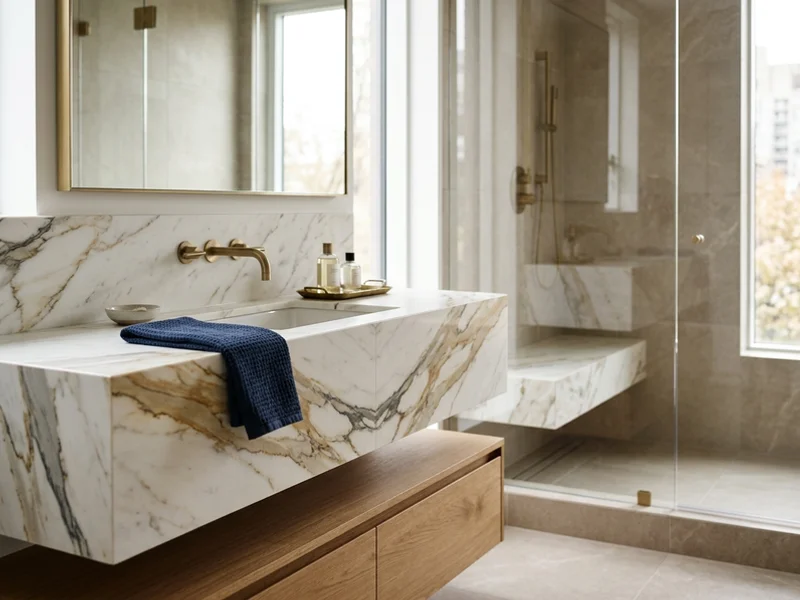 Yorkville condo bathroom with book-matched Calacatta quartz vanity and shower bench