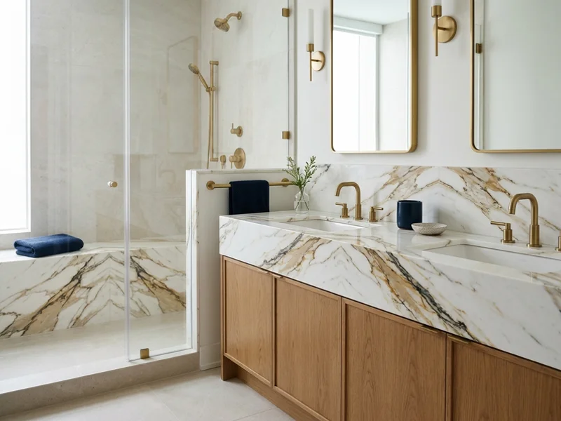 Yorkville condo bath with a book-matched Calacatta quartz vanity