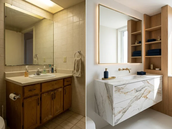 After: book-matched Calacatta quartz countertops vanity in a Yorkville, Toronto condo