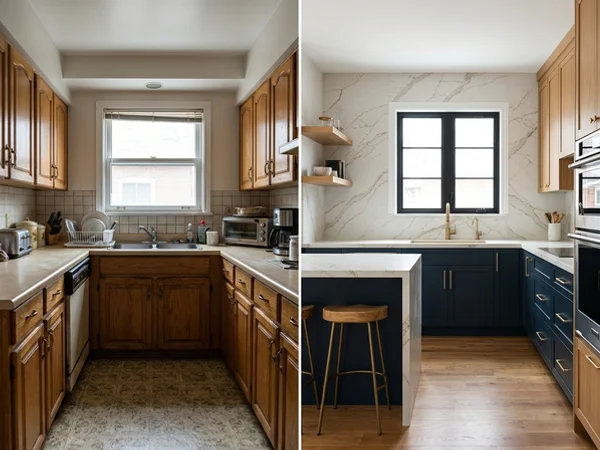 After: Caesarstone quartz kitchen with waterfall island and full-height backsplash in Leaside