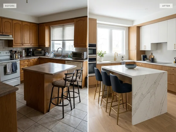 After: Calacatta Nuvo waterfall island and Caesarstone quartz countertops in Leaside, Toronto