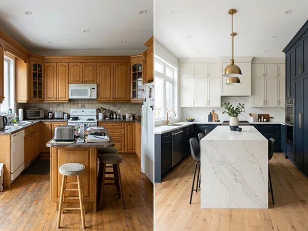 After: Calacatta Nuvo waterfall island with seating in the same Leaside kitchen