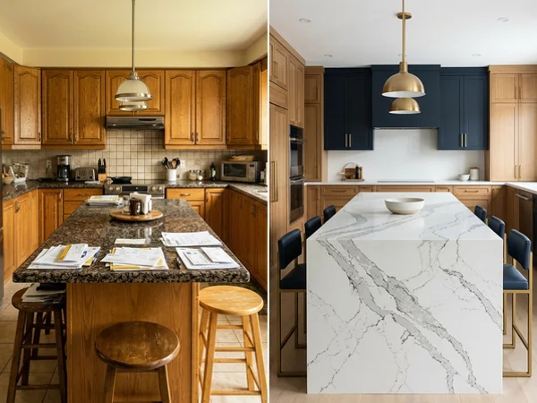 After: seam-free Cambria Brittanicca quartz island in the same Oakville kitchen