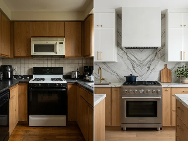 After: Cambria book-matched backsplash and quartz countertops in Little Italy, Toronto