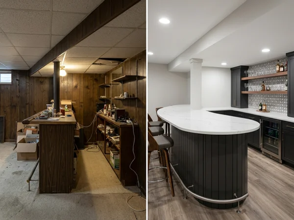After: curved quartz bar top in the same Vaughan basement