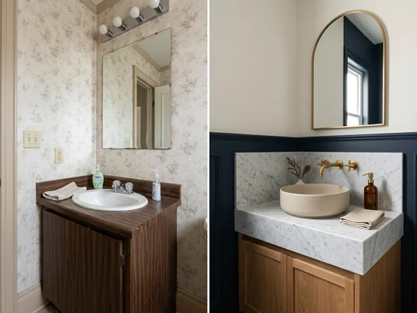 After: honed Carrara marble vanity in the same High Park powder room