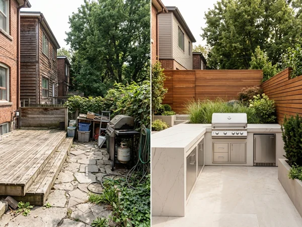 After: large-format porcelain outdoor kitchen counter, chosen over quartz countertops for UV, in The Beaches, Toronto