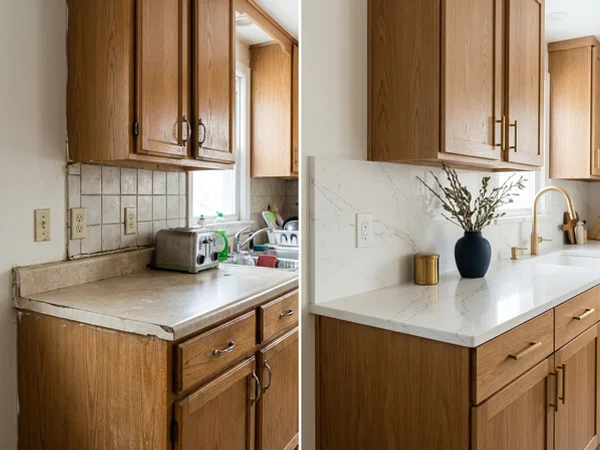 After: laser-templated quartz countertop fitting tight to the wall