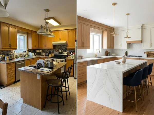 After: natural quartzite island in the same Vaughan kitchen