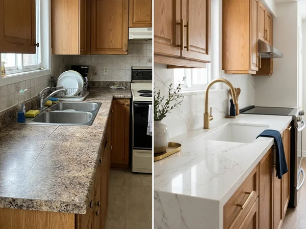 After: new quartz countertops with the seam moved behind the range