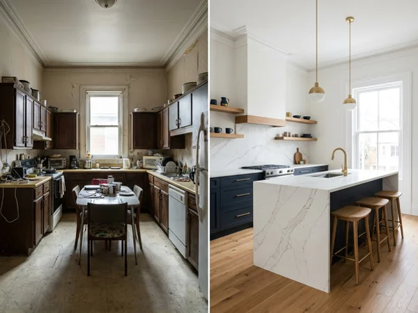 After: nine-foot Caesarstone quartz countertops waterfall island in The Annex, Toronto