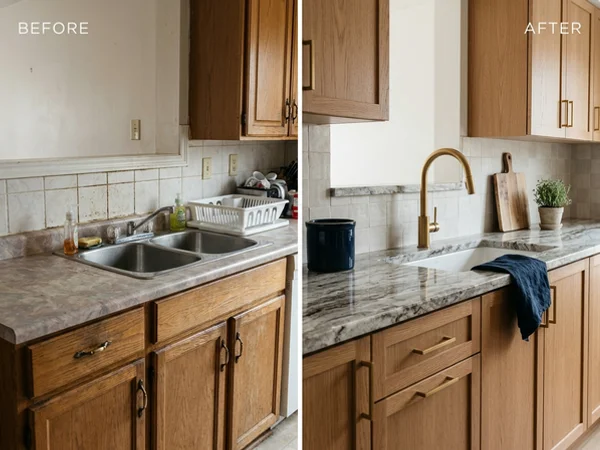 After: polished granite countertops with an undermount sink in the same Scarborough kitchen