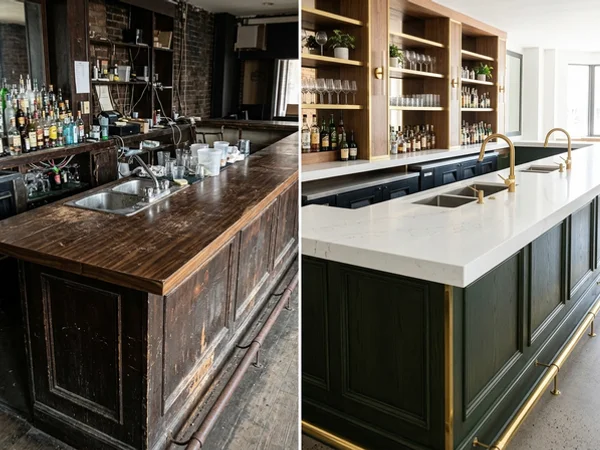 After: Caesarstone quartz countertops cocktail bar with undermount sinks on Queen West, Toronto