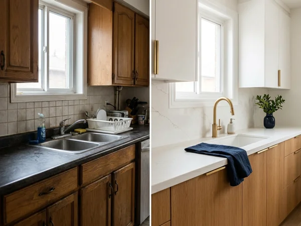 After: white Caesarstone quartz countertops with an undermount sink in the same Toronto kitchen