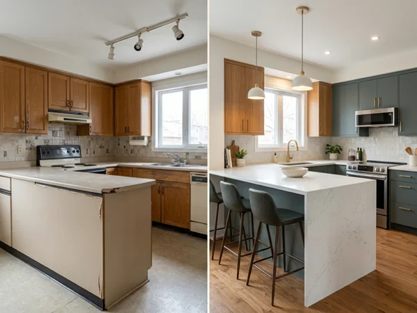 Before: dated laminate peninsula in a Leaside Toronto kitchen, prior to quartz countertops