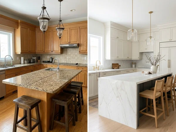 Before: dated granite island with a centre seam in an Oakville kitchen