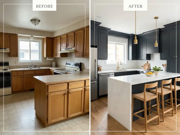 Before: laminate peninsula with no seating in a Leaside kitchen