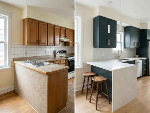 Before: dated laminate peninsula and tile backsplash in a Leaside kitchen