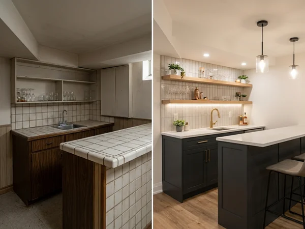 Before: tile-top basement bar in Riverdale, Toronto, prior to quartz countertops