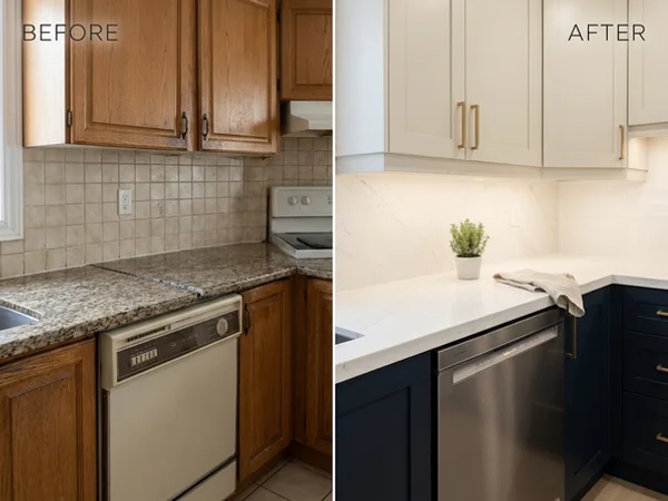 Before: old granite countertop with an open seam over the dishwasher