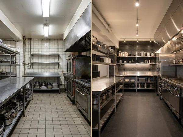 Before: stainless prep tables in a Queen West, Toronto restaurant, prior to quartz countertops
