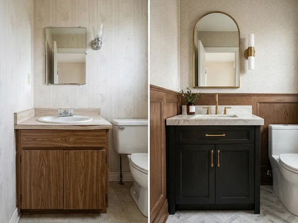 Before: laminate vanity top in a High Park powder room
