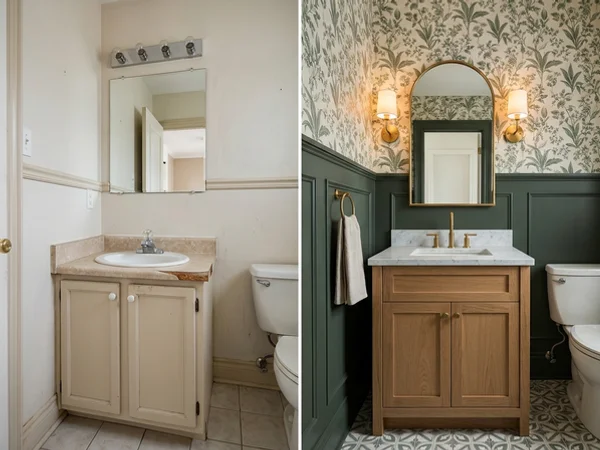 Before: laminate vanity top in a High Park, Toronto powder room, prior to new countertops