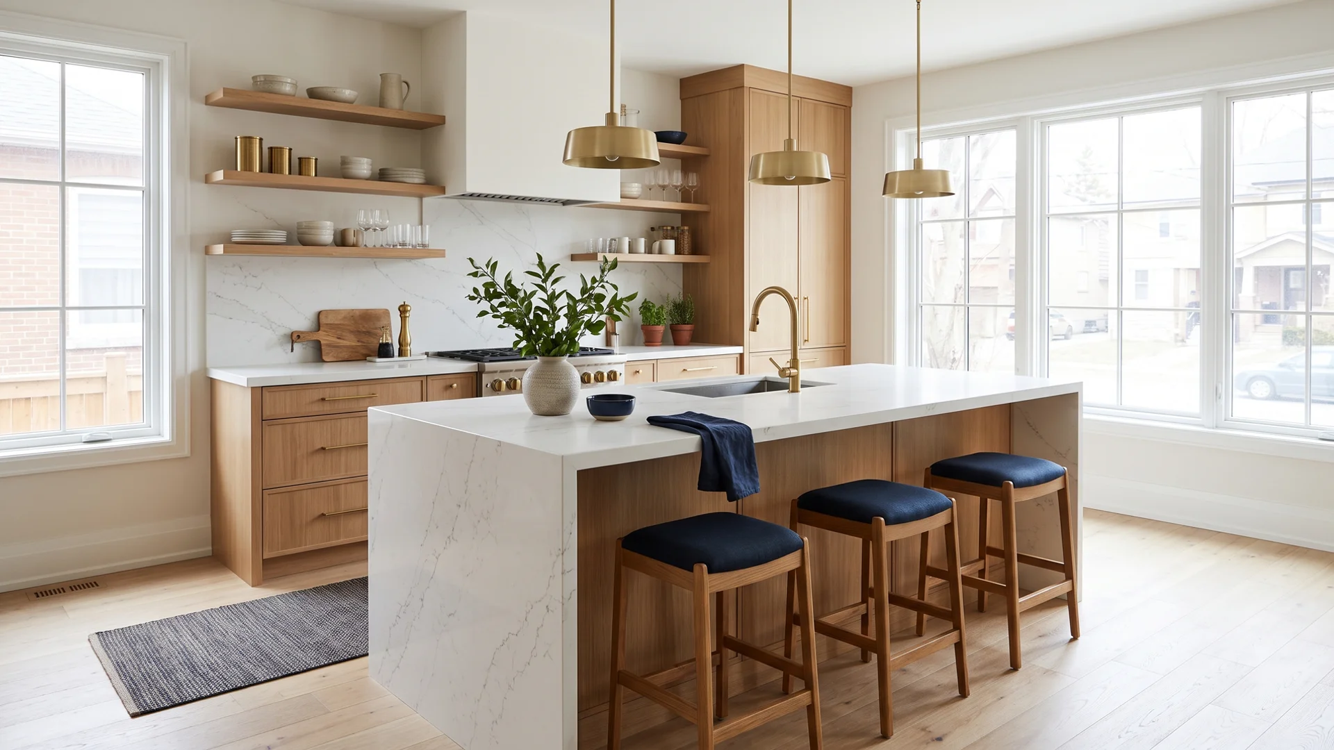 Toronto kitchen with white engineered quartz countertops and a waterfall island