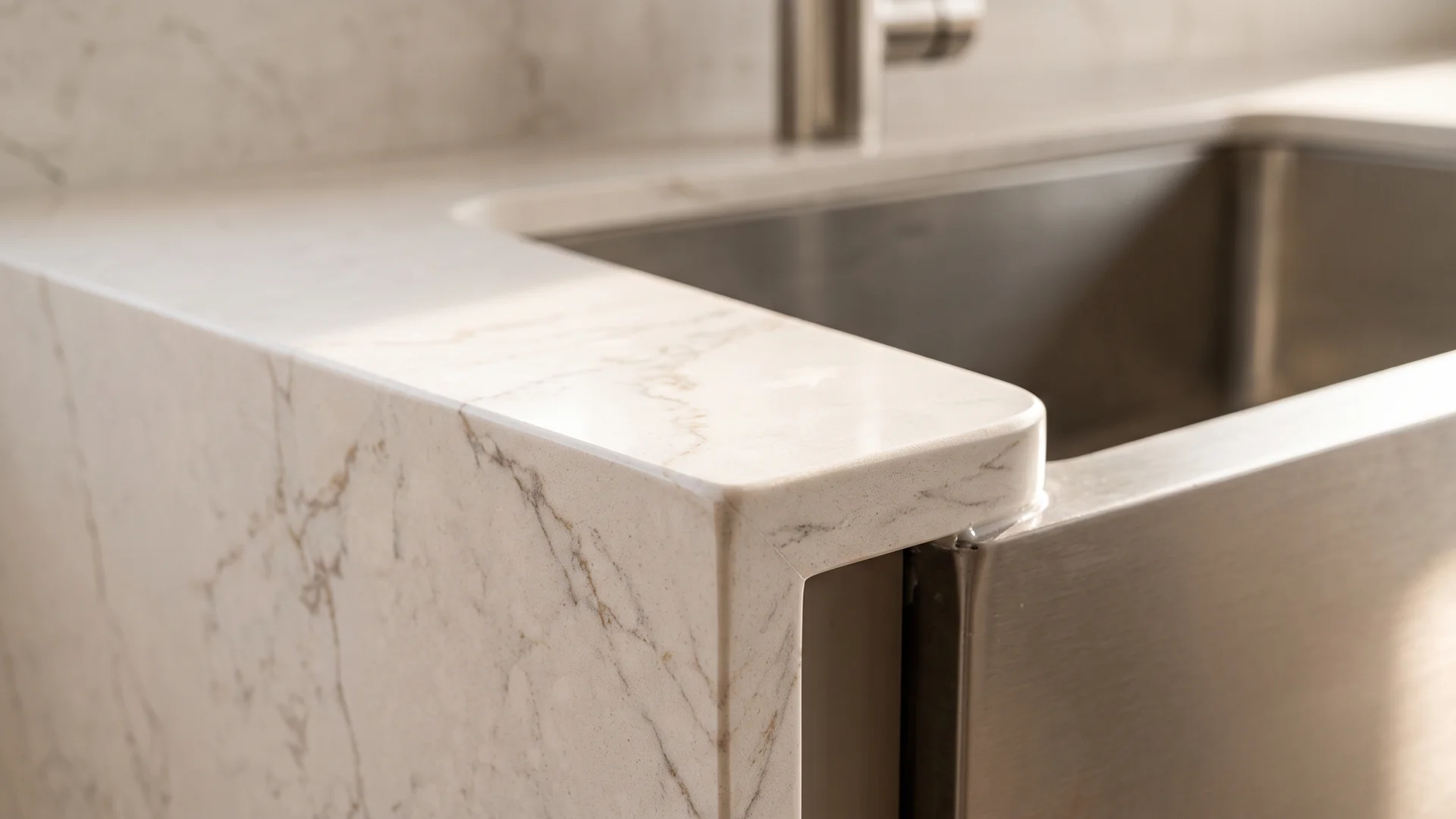 Repaired quartz countertop edge near a sink with the chip polished flush