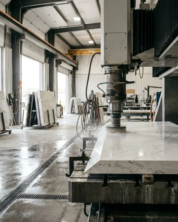 CNC edge profiler polishing a mitred quartz edge in our workshop