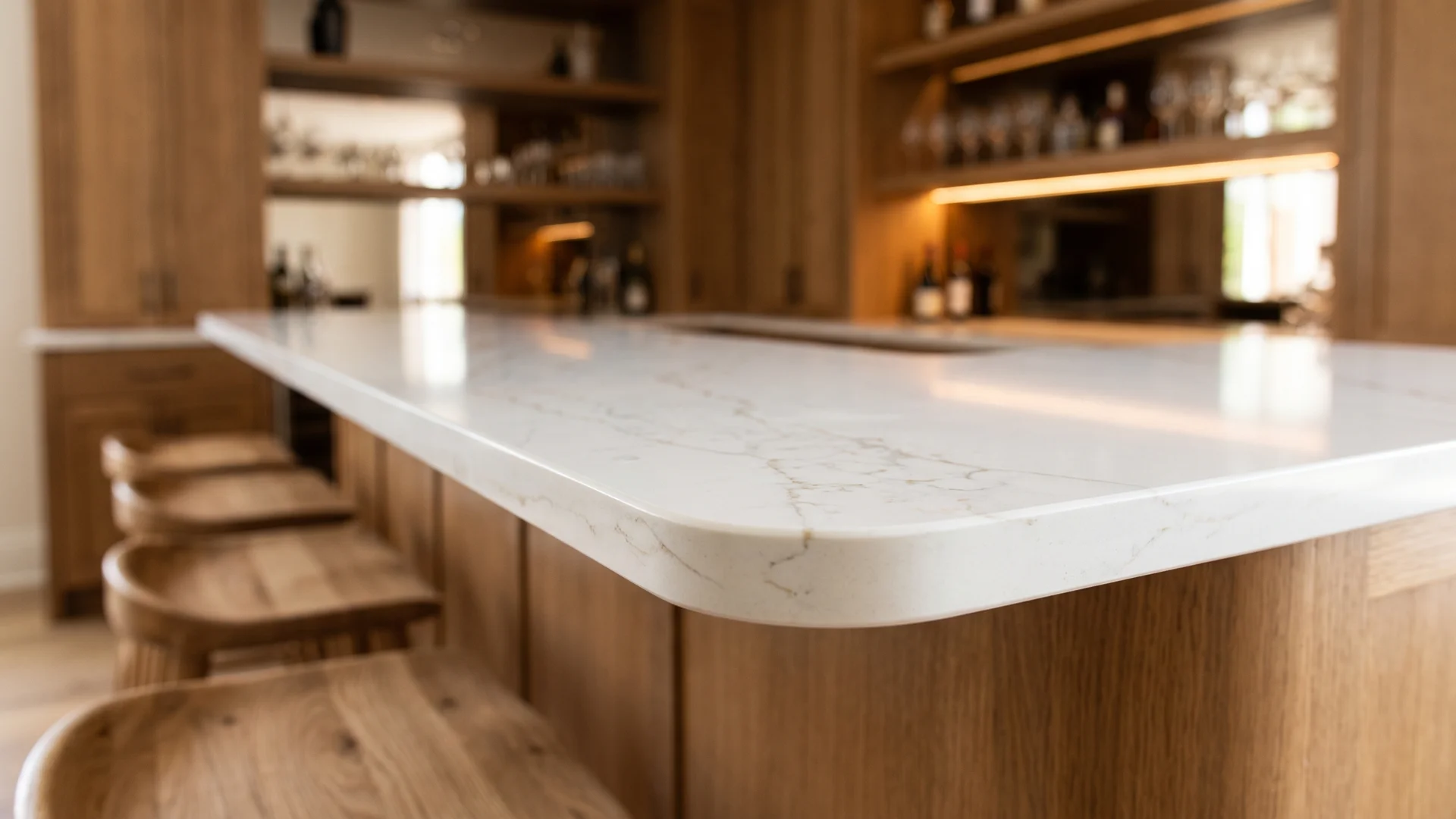 Curved white quartz basement bar countertop with radius corners