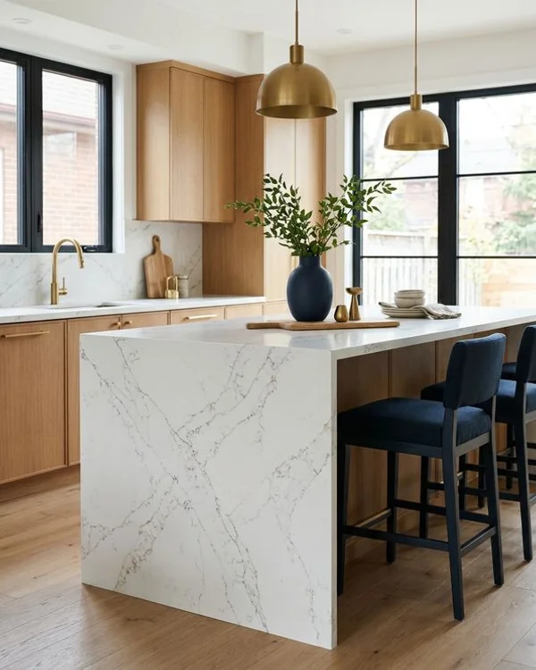 Finished Caesarstone quartz waterfall island in a Toronto home