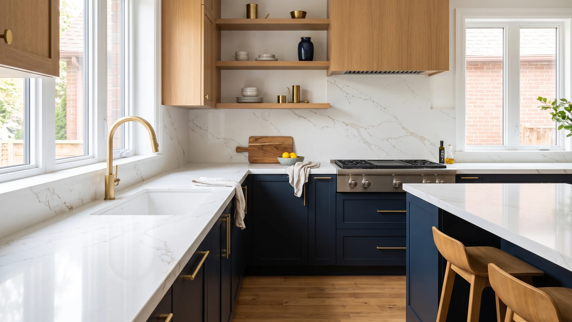 Freshly installed white quartz kitchen countertop with an undermount sink in a Toronto home