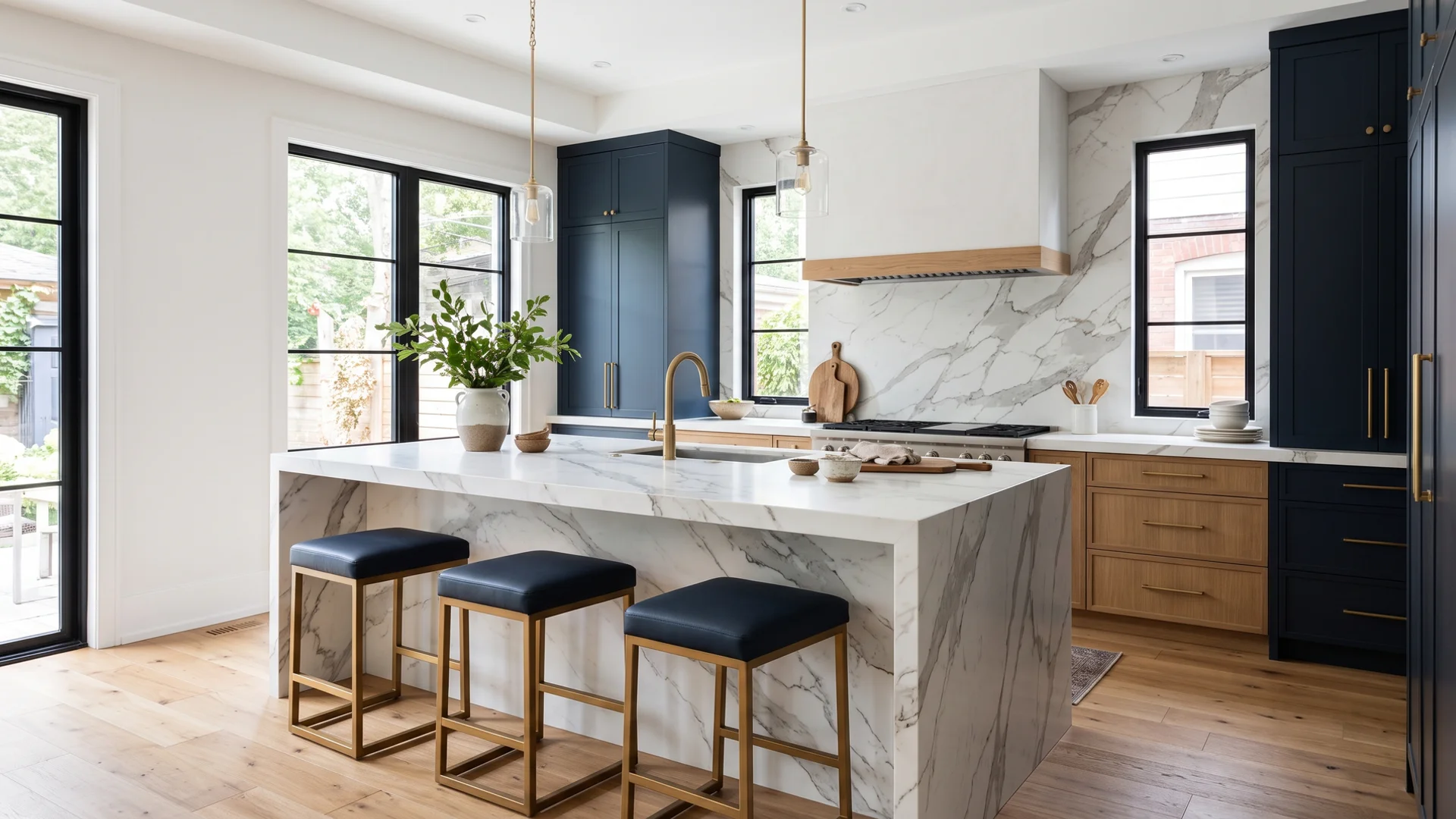 Toronto kitchen with large-format Calacatta porcelain countertops and a matching range wall