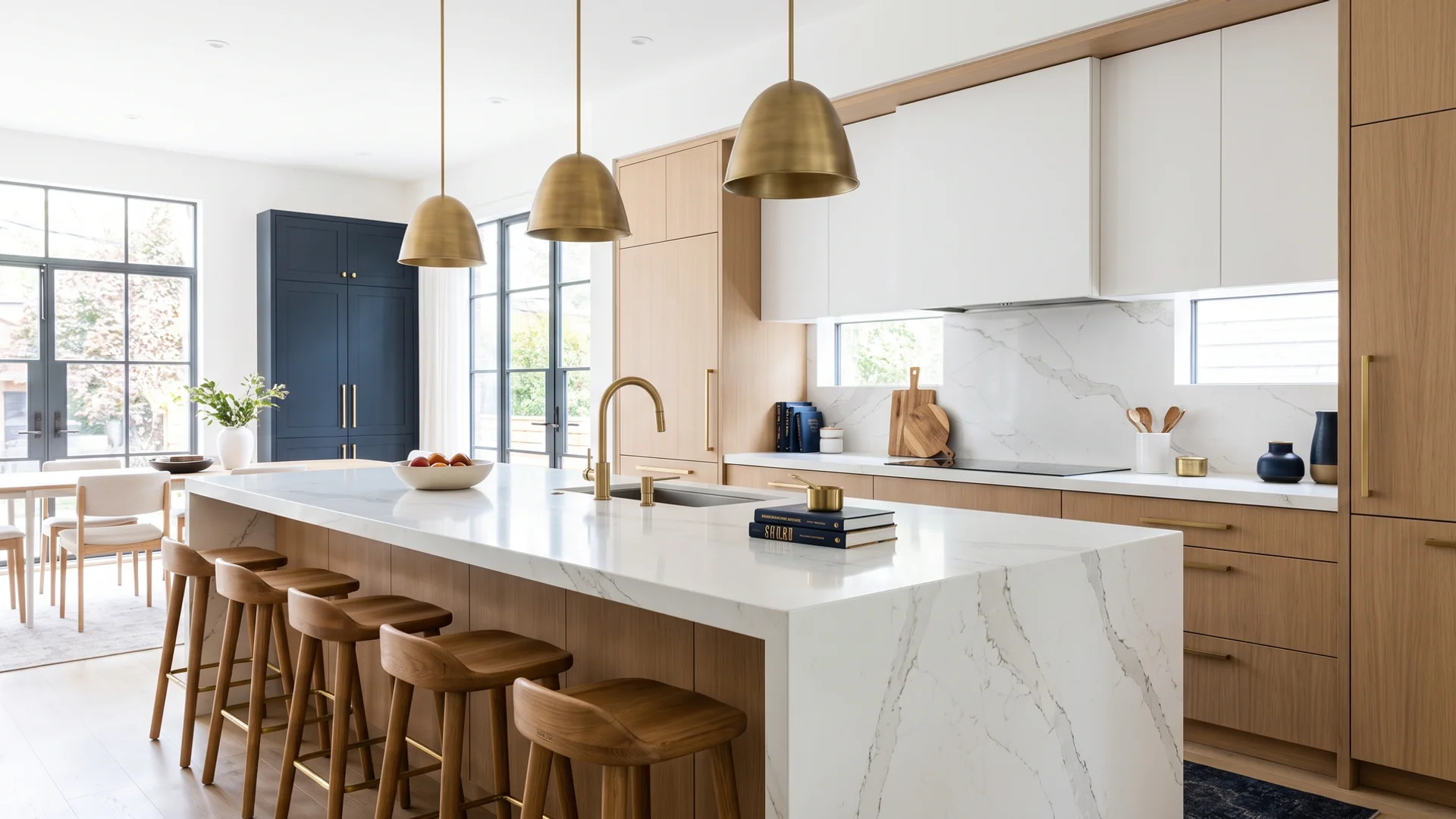 Toronto kitchen with a nine-foot white quartz waterfall island
