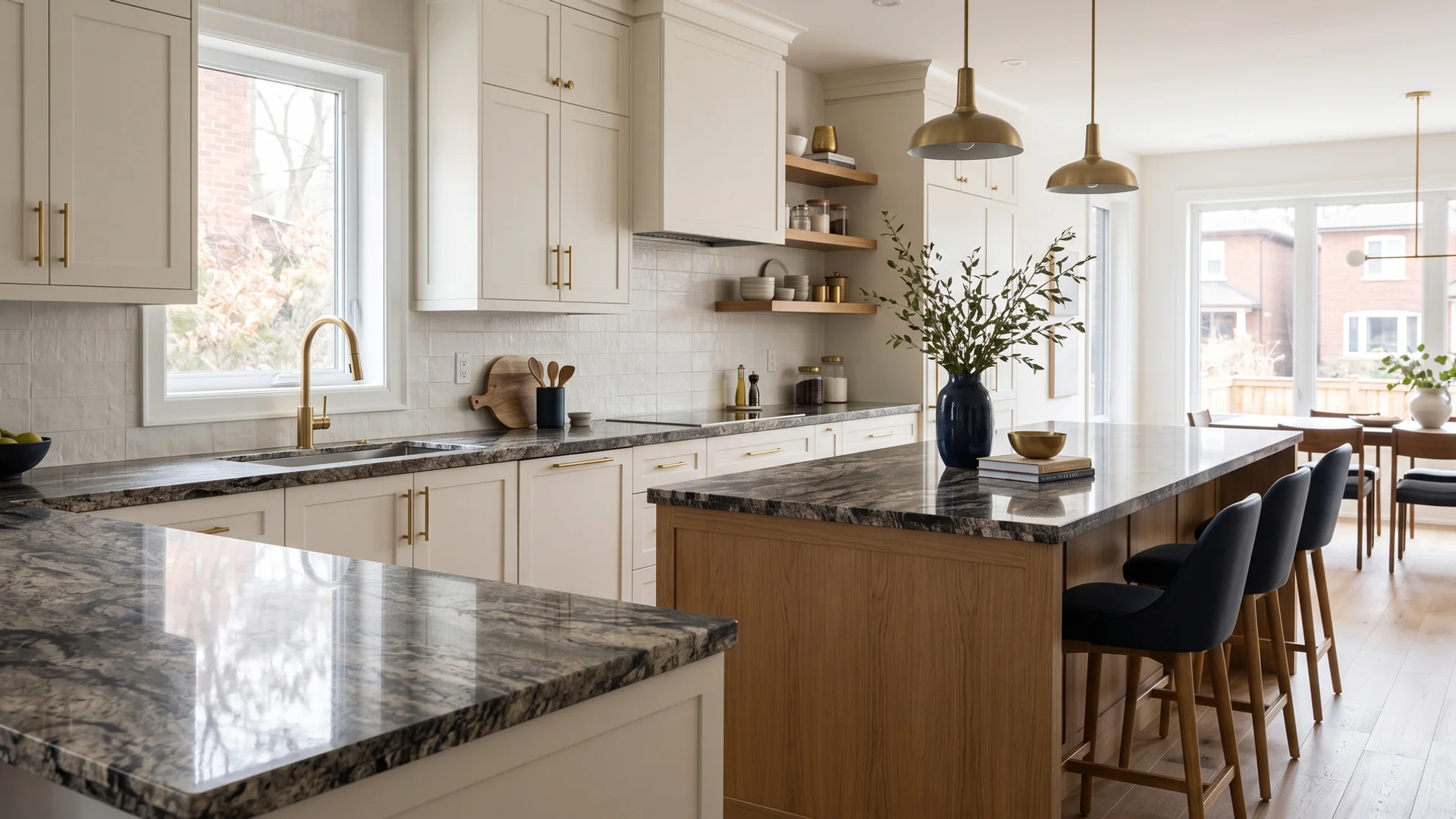Toronto kitchen with polished natural granite countertops