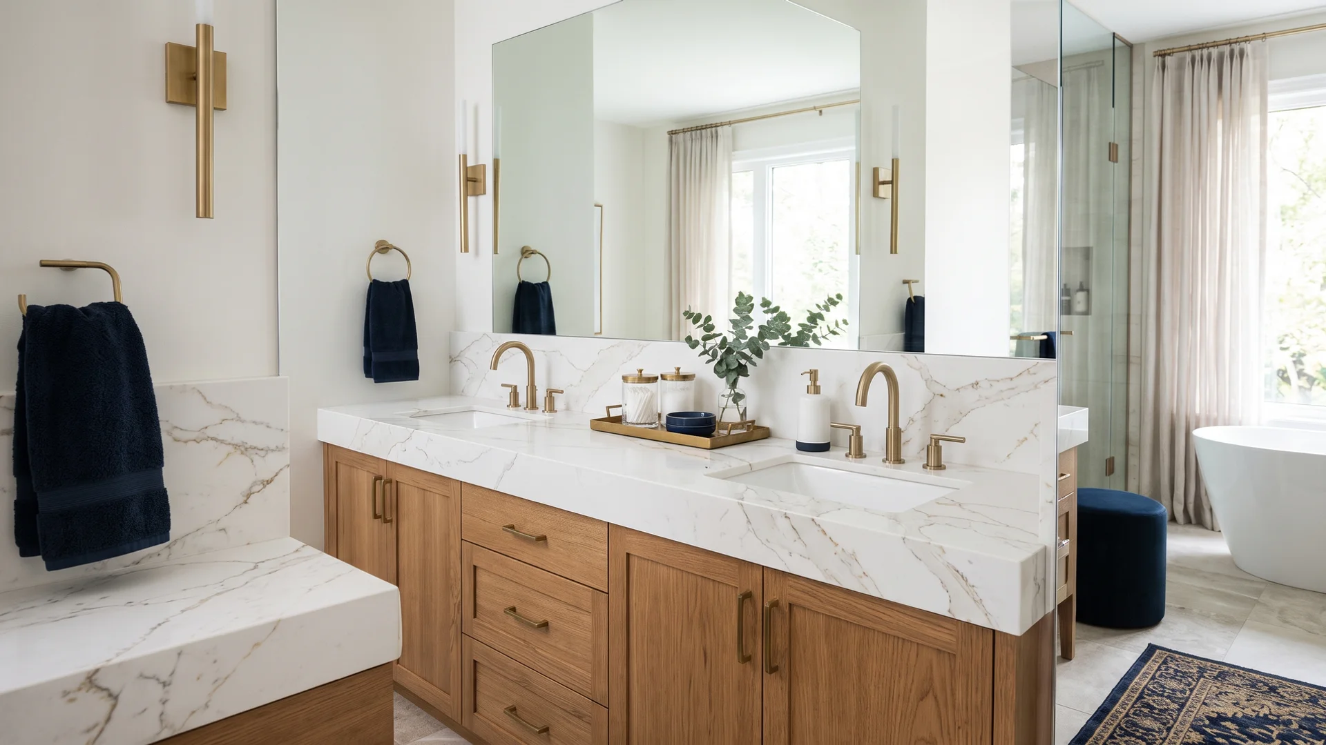 Toronto bathroom with a Calacatta quartz double vanity and brass faucets