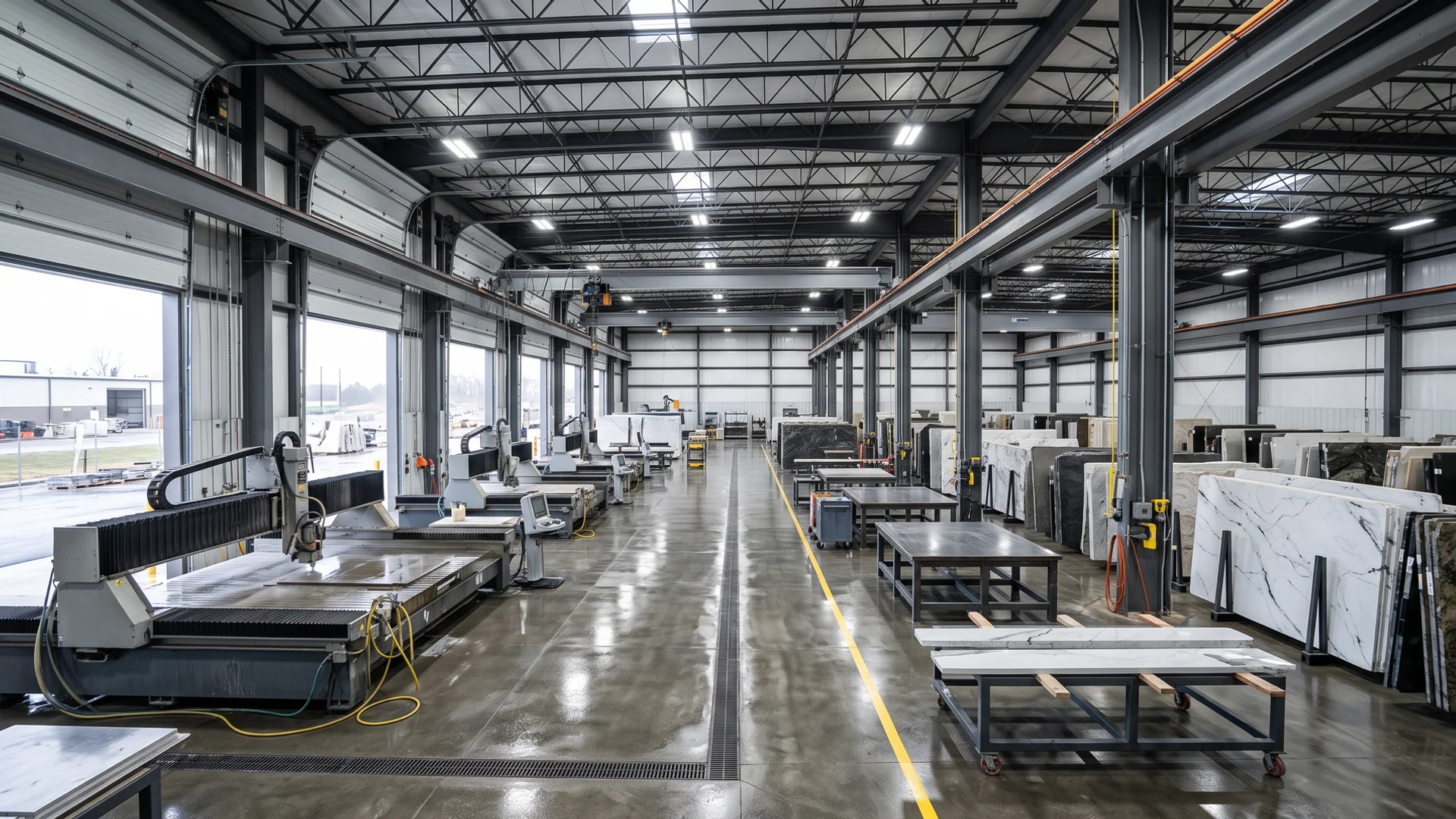 Interior of our 20,000 sqft Toronto stone fabrication shop with CNC bridge saw and slabs