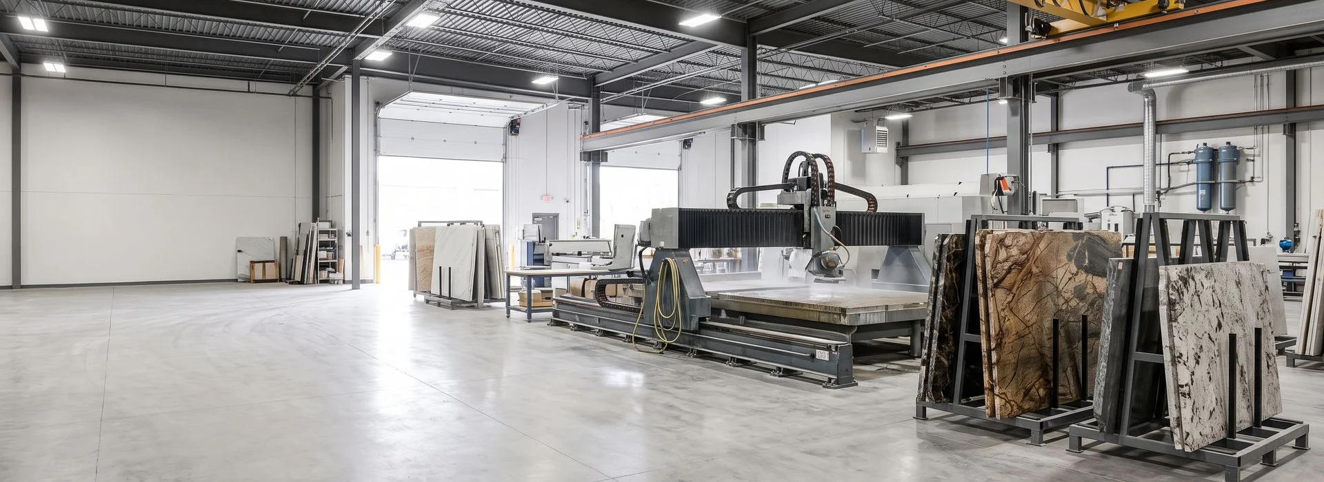 Our Toronto stone fabrication shop floor with CNC equipment and quartz slabs